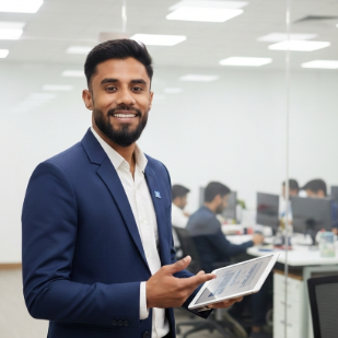 Rajan Saroj, a professional man in a navy blue blazer, smiling and holding a tablet in a modern office setting.